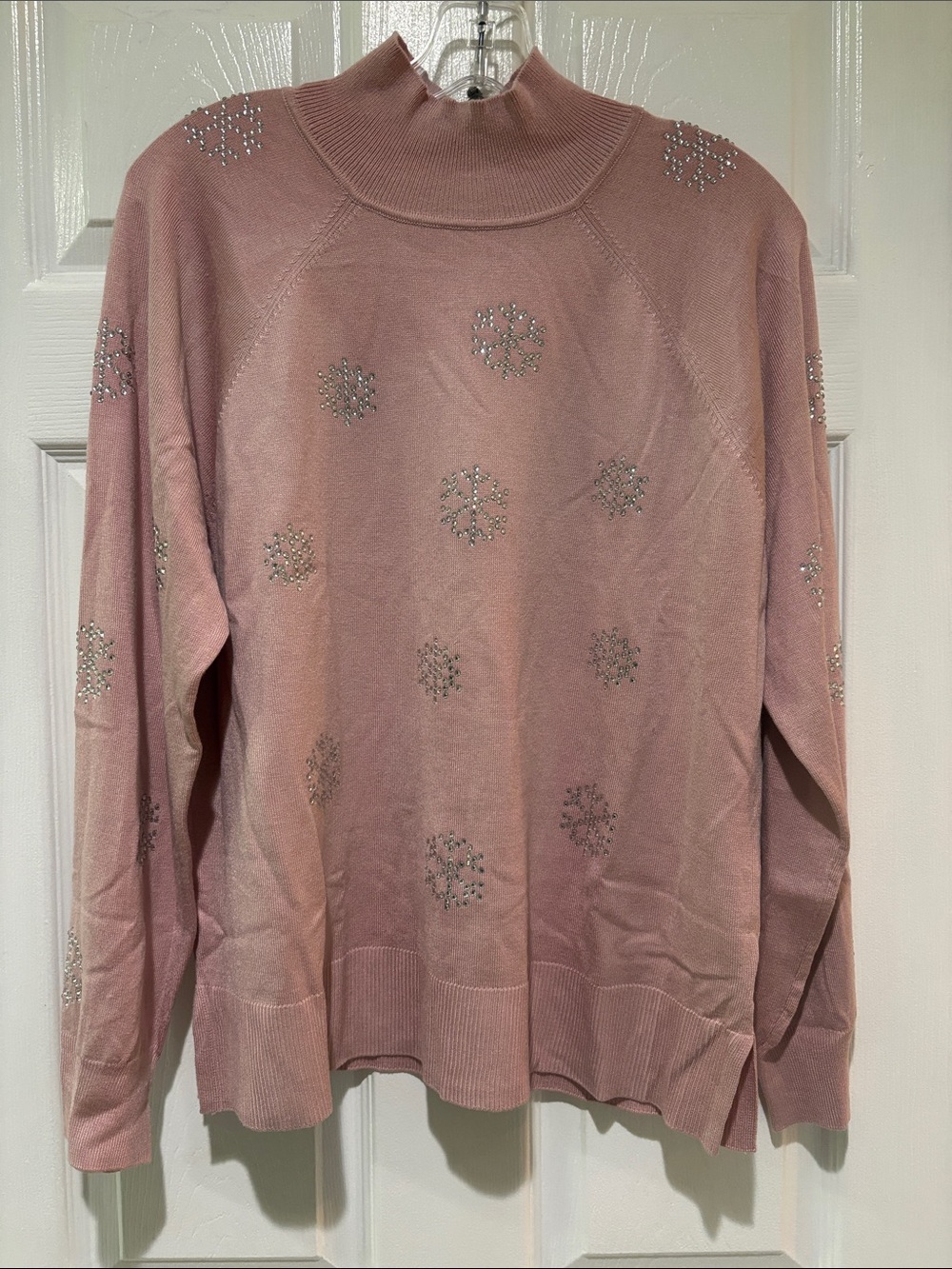 Marled Pink Turtleneck Sweater with Silver Stud Snowflake Accents